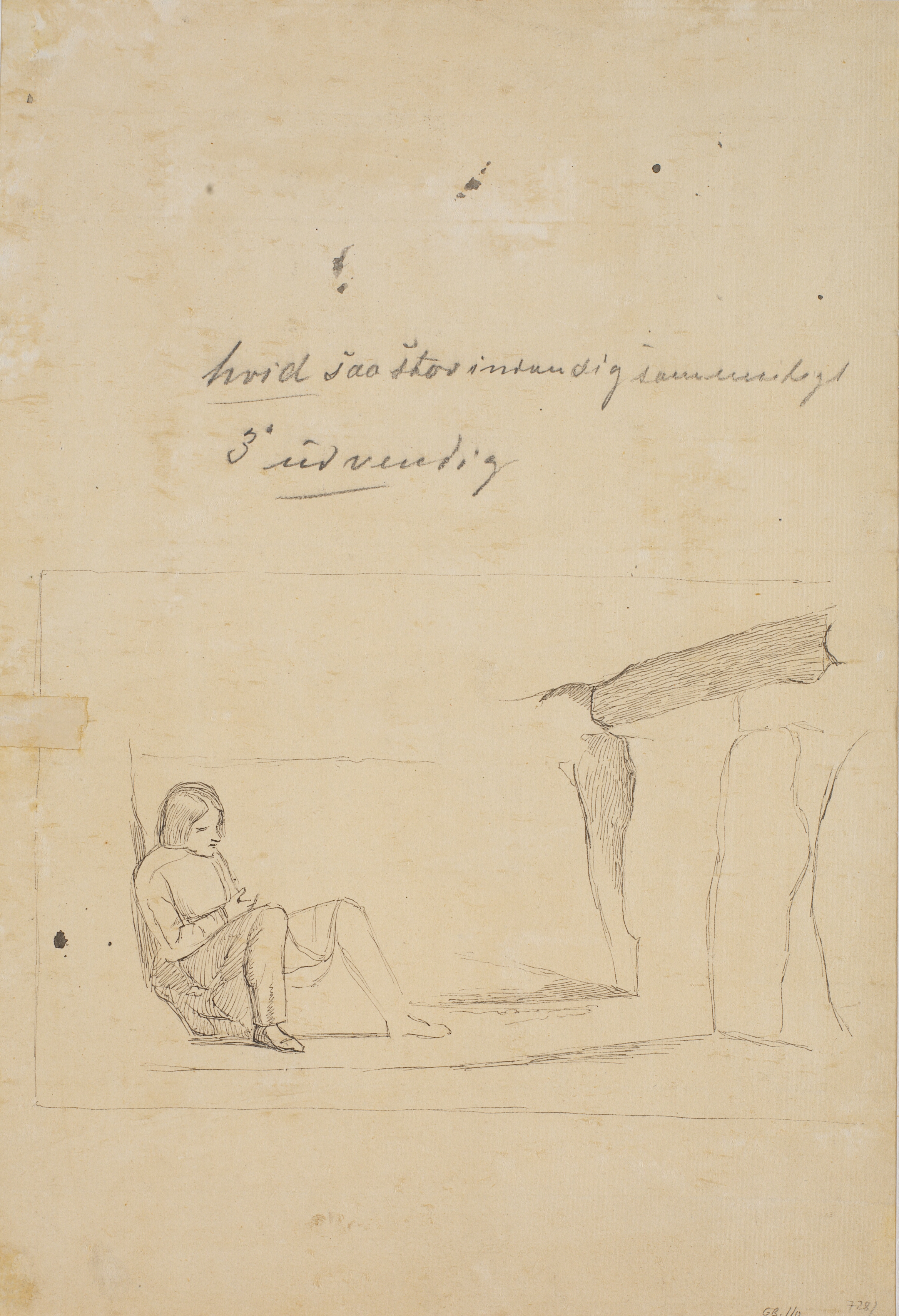 Studie til motivet på bladets forside: "Lorents Frölich siddende i en jættestue"